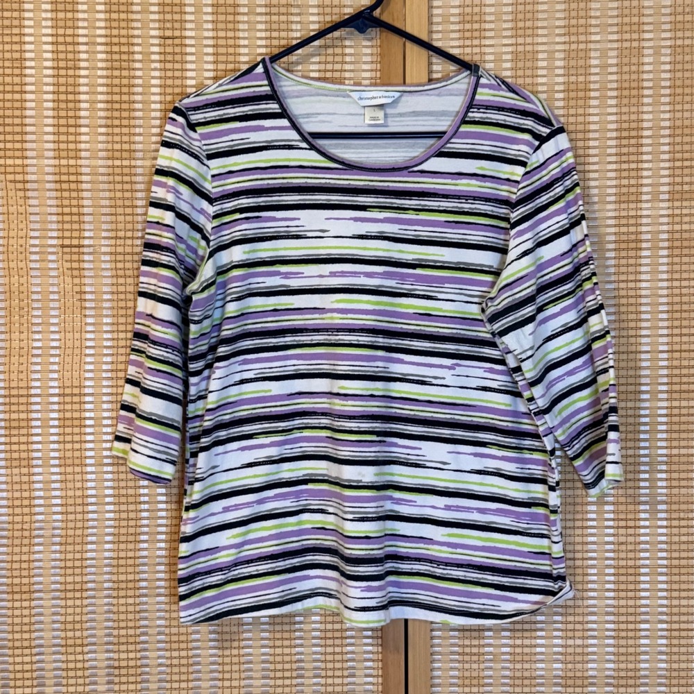 Christopher & Banks Womens Large Purple Green Striped 3/4 Sleeve Knit Top L Art
